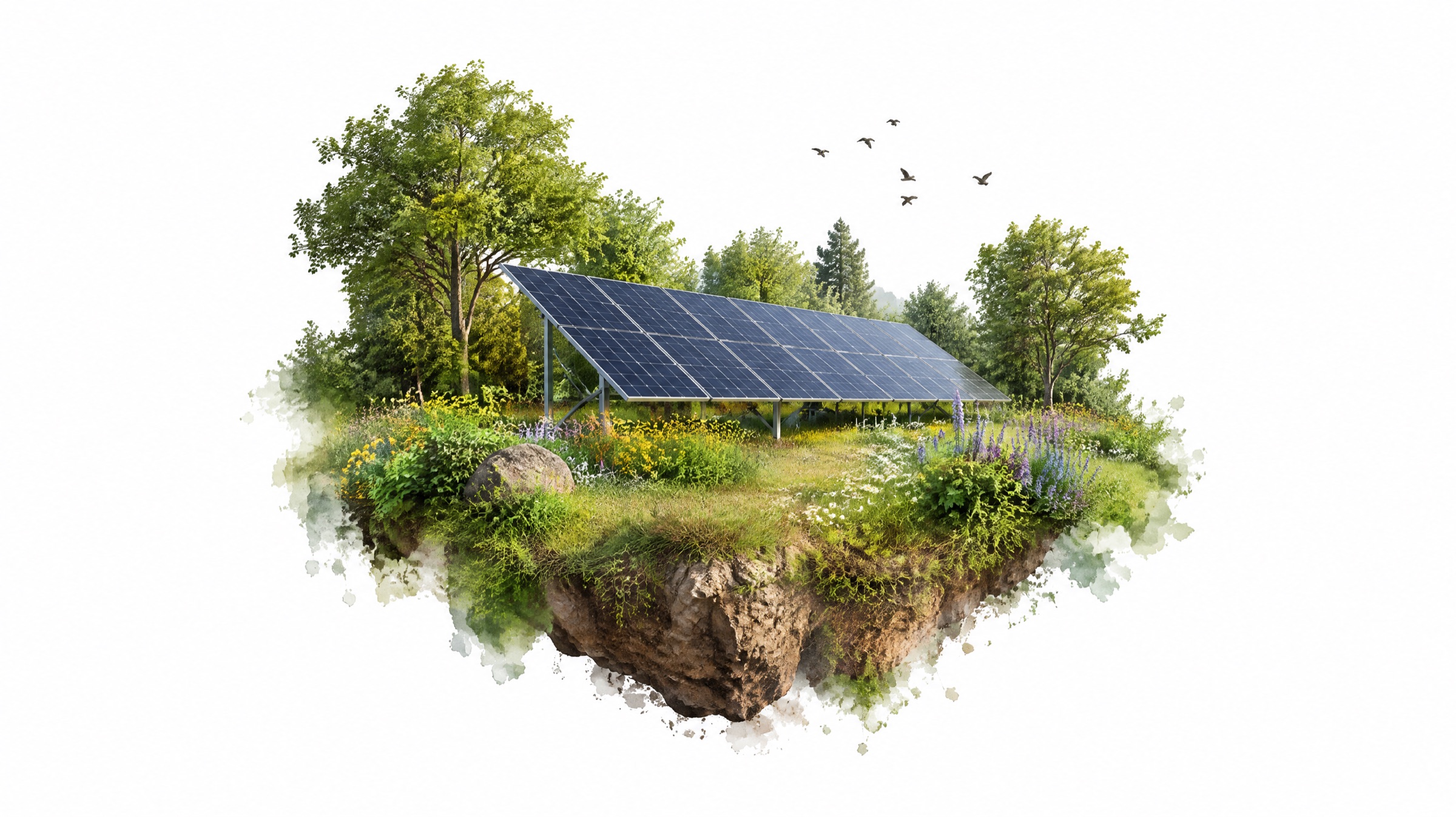 Illustration of a ground-mounted solar array on a floating island of trees and wildflowers
