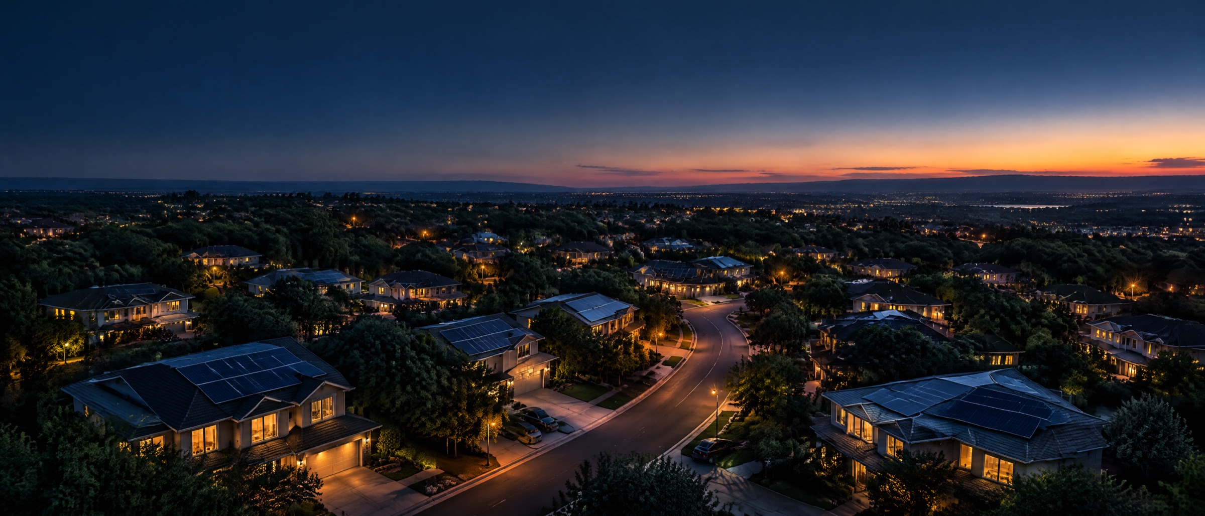 Aerial view of a suburban neighborhood at dusk with solar panels on many rooftops
